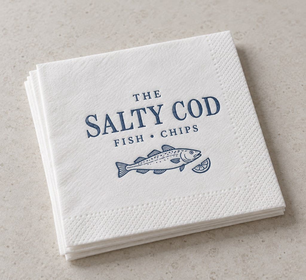 Printed cocktail napkin for The Salty Cod fish and chips, white 10 × 10 cm napkin with a blue fish logo