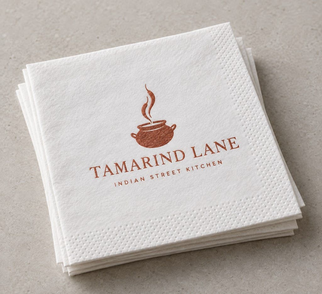 Printed cocktail napkin for Tamarind Lane Indian Street Kitchen, white napkin with a copper pot logo