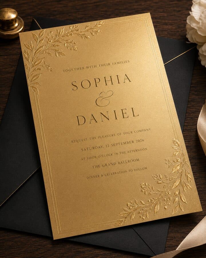 Metallic gold premium leaflets Ireland — wedding stationery flyer Ashbourne print