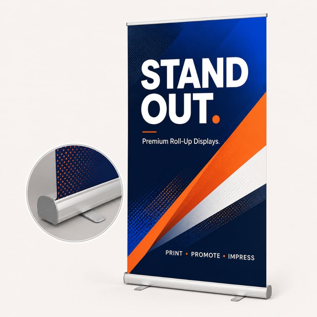 Extra wide XL roller banner cassette close-up — silver aluminium Silver XL stand
