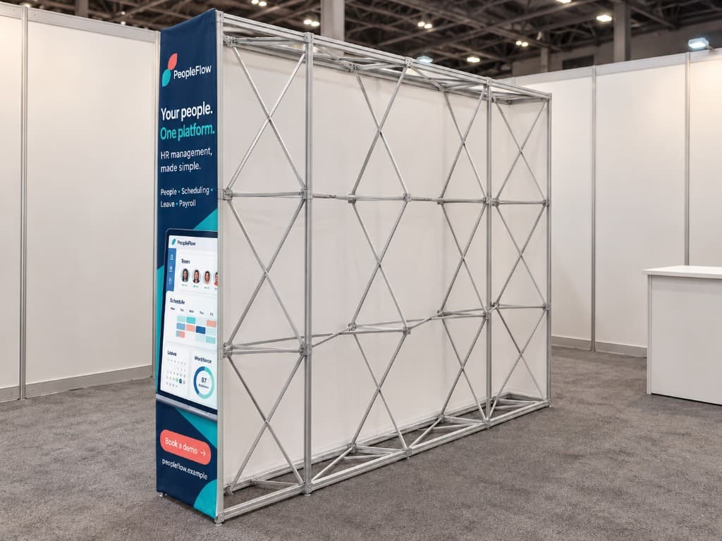 Folding aluminium frame of a pop-up wall, with the graphic on the front