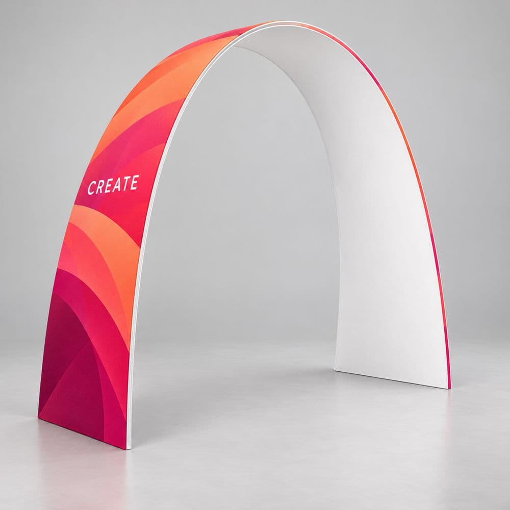 Oval fabric exhibition arch printed on the front, with a plain inside