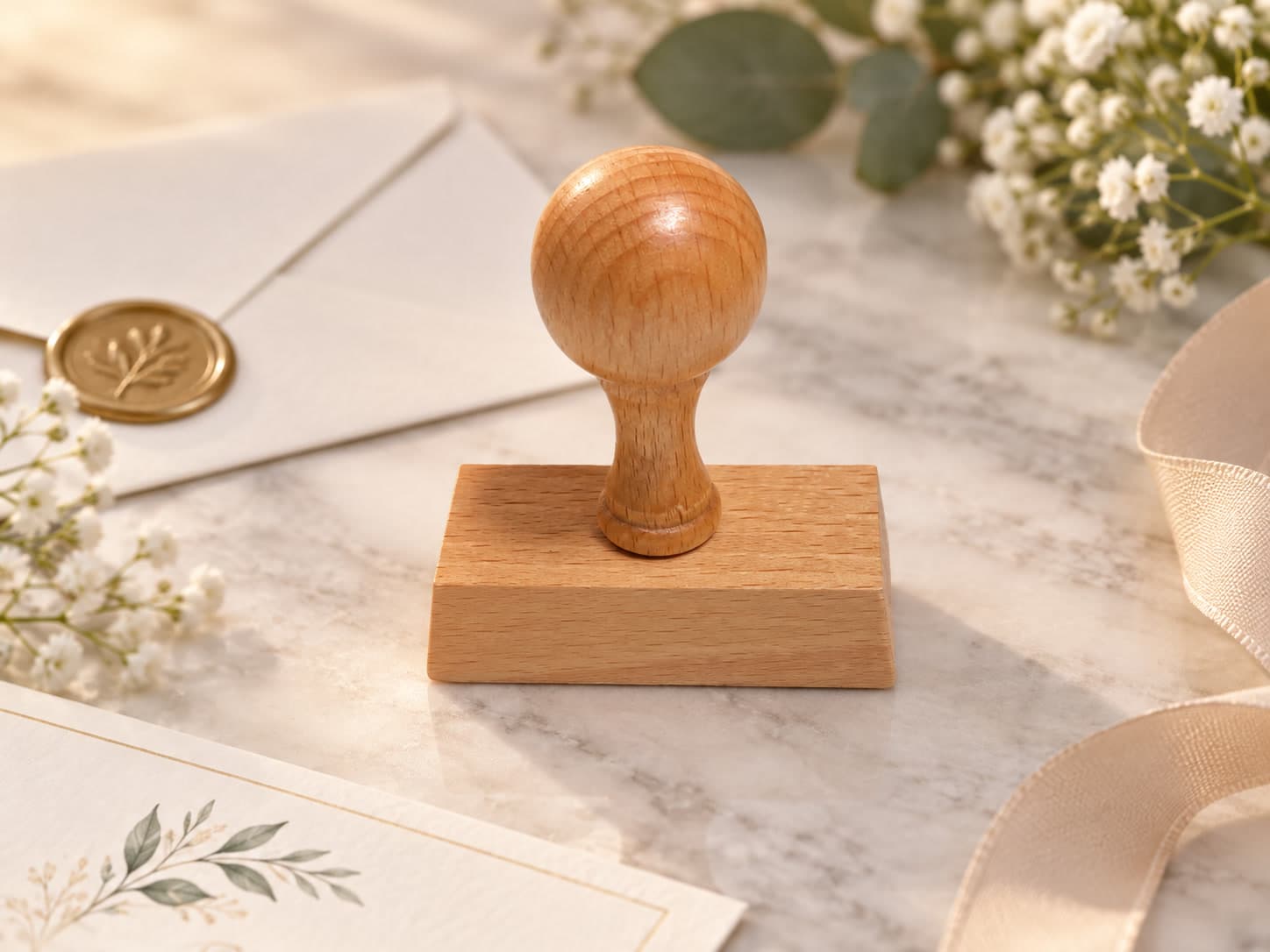 Wooden custom event stamp made by PrintNPack for next-day delivery in Dublin, with wax-seal envelope and florals