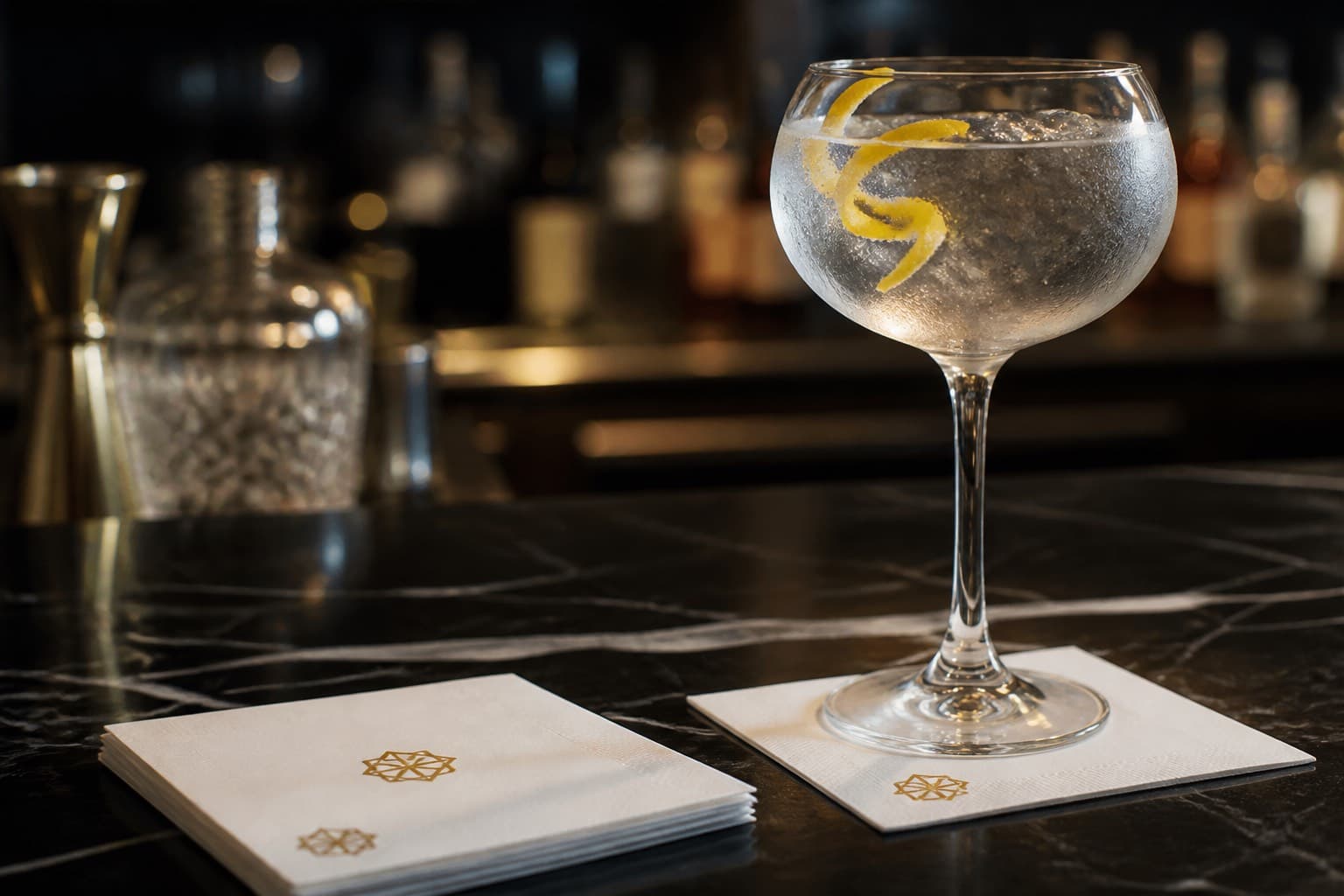 Custom cocktail napkins UK — printed bar napkins under a gin cocktail