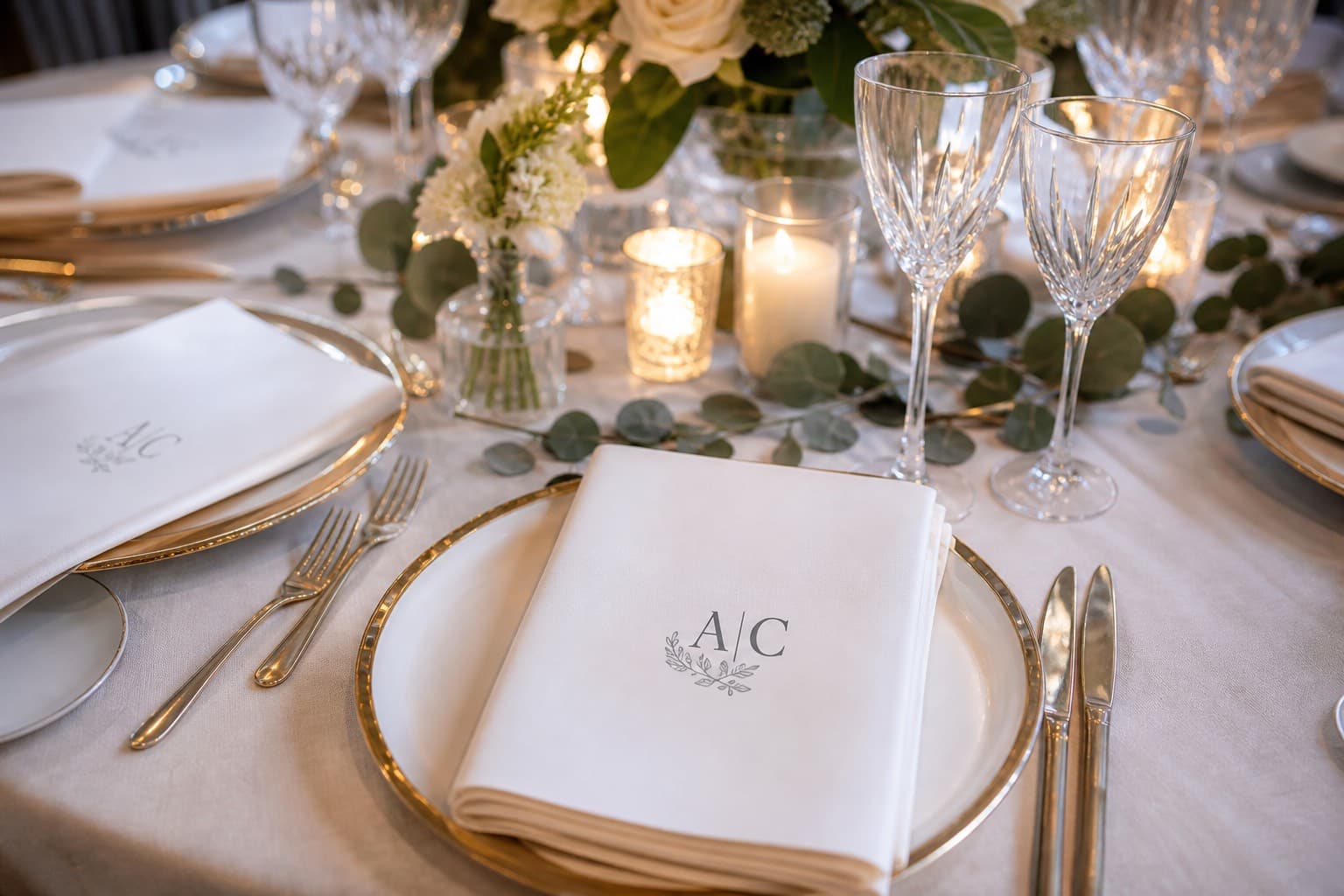 Personalised wedding napkins Ireland and UK — monogram linen-feel napkins on a hotel table