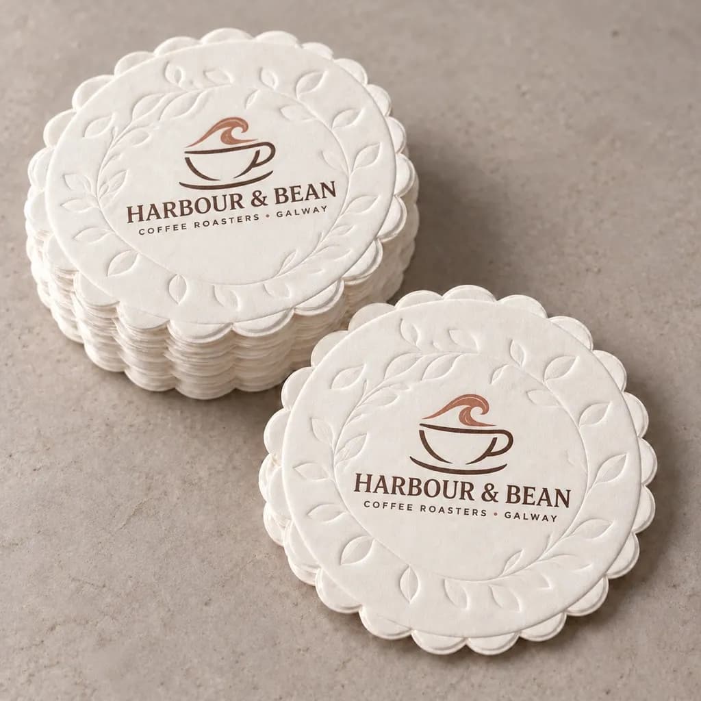 Printed coasters Ireland — round 8 ply Harbour and Bean logo coaster for Galway cafés