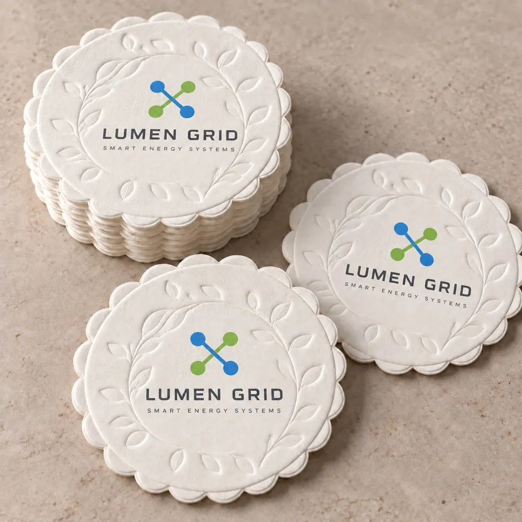 Branded coasters Ireland — round 8 ply Lumen Grid logo coaster for Cork events