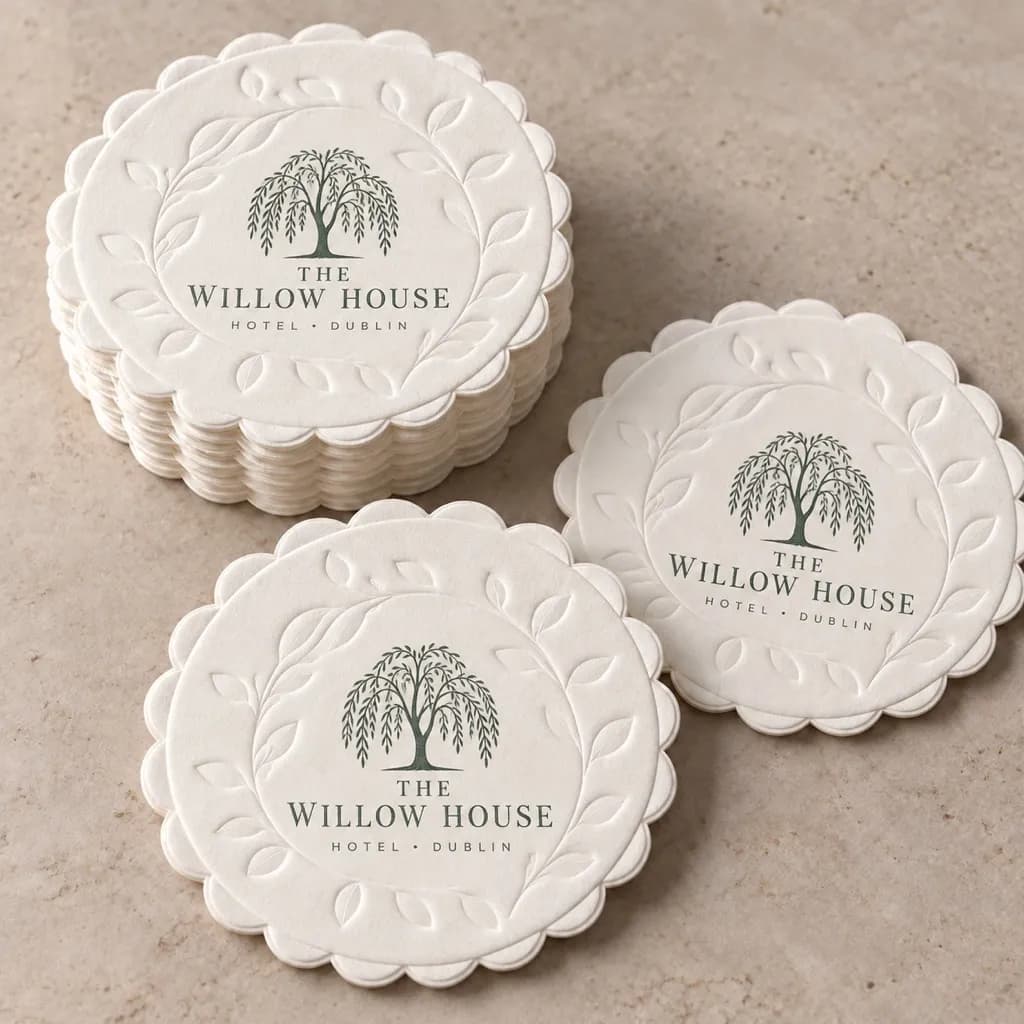 Custom coasters Ireland — round 8 ply Willow House hotel coaster for Dublin lounges