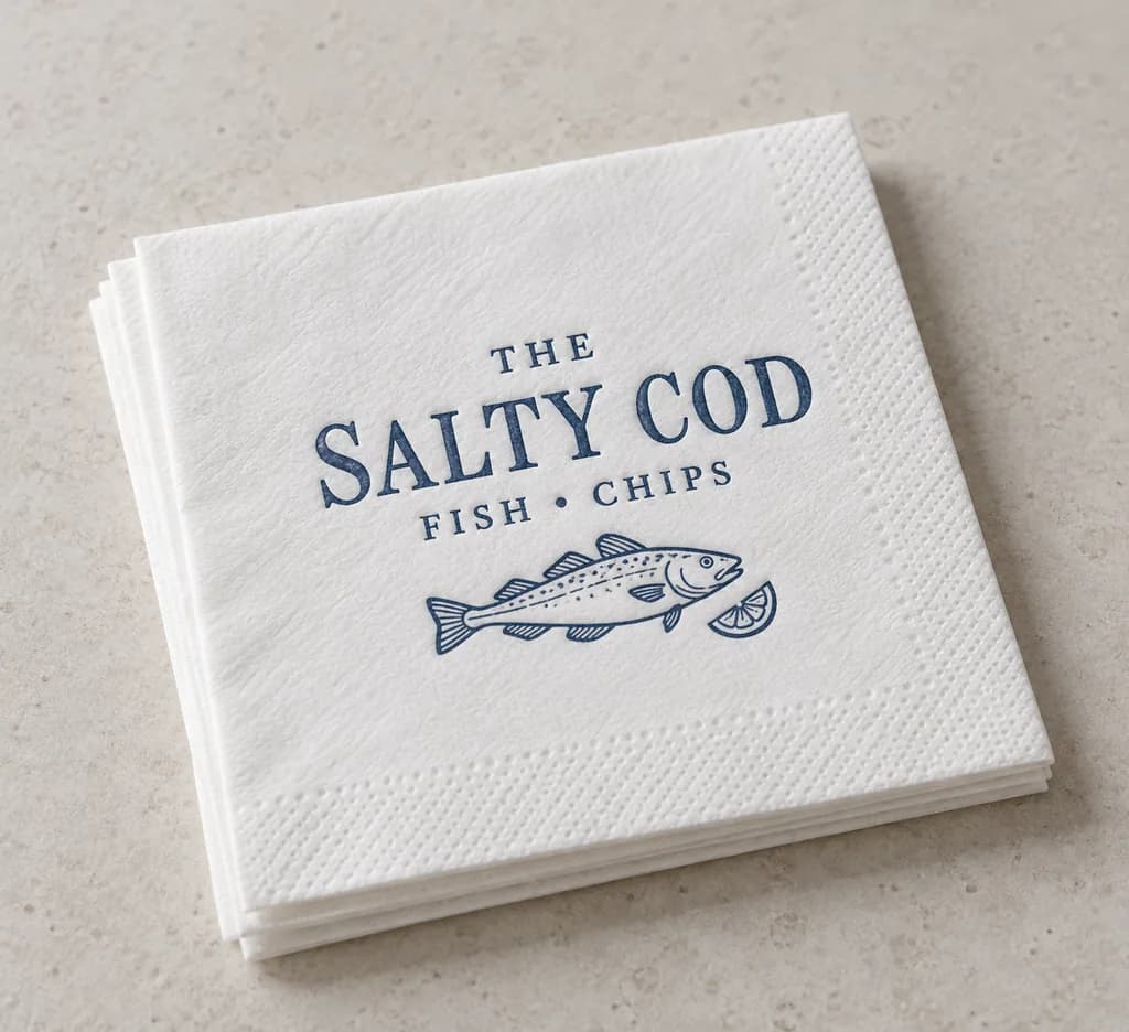Printed cocktail napkin for The Salty Cod fish and chips, white 10 × 10 cm napkin with a blue fish logo