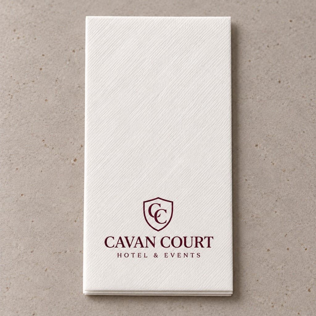Airlaid linen-feel guest napkin Ireland — Cavan Court Hotel crest print