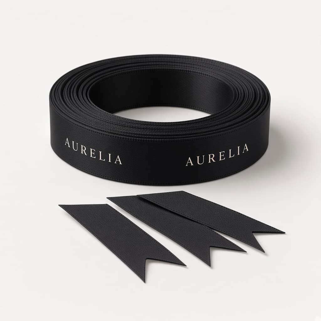 Branded satin ribbon Ireland — black roll with logo print for Cork and Galway retail