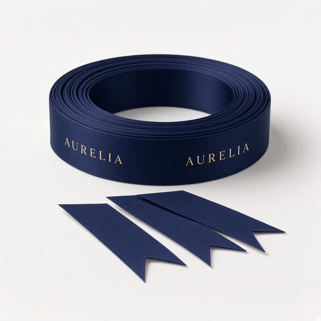Navy custom printed ribbon Ireland — satin roll for Galway hospitality gift sets