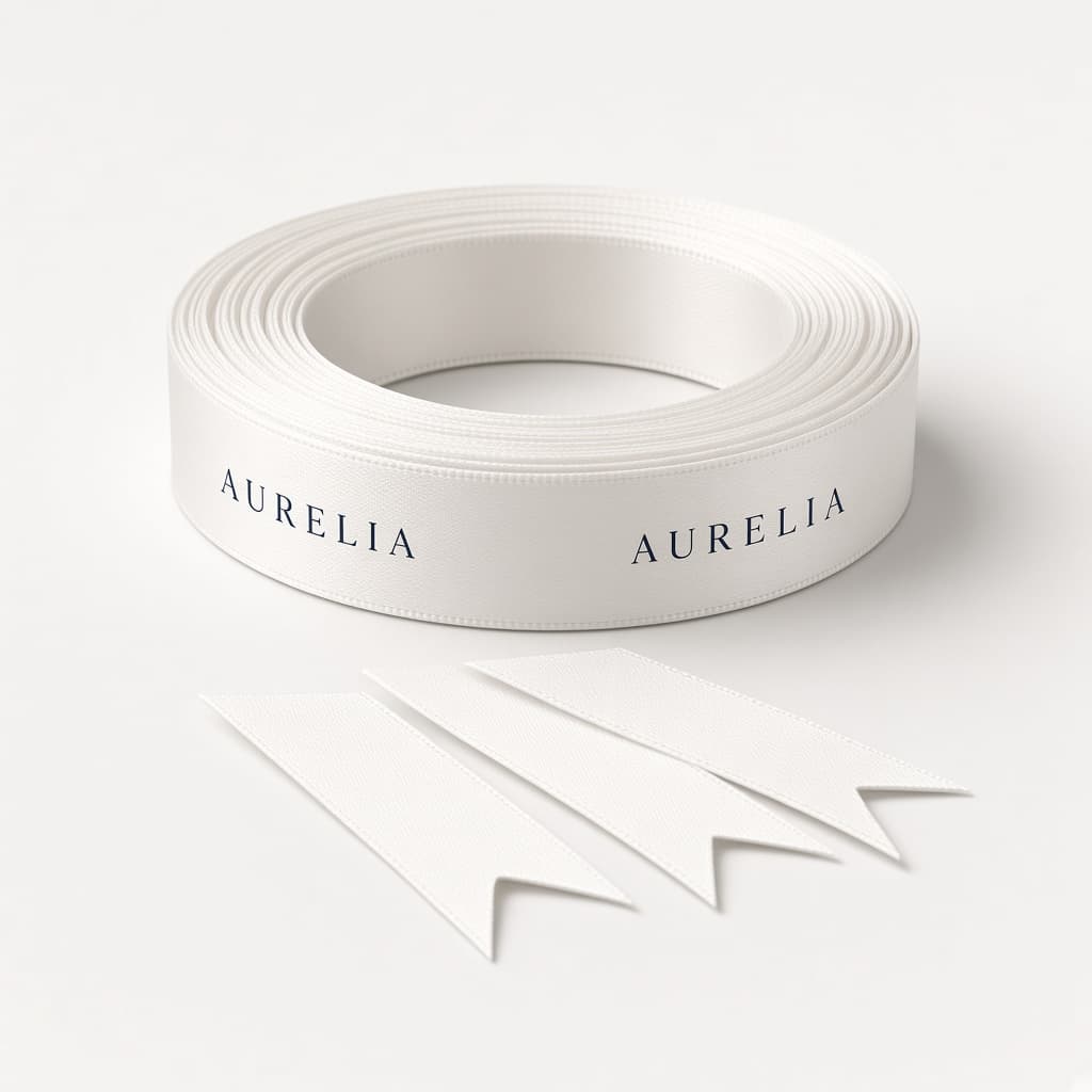 Custom printed ribbon Ireland — white satin roll with one-colour logo for Dublin boutiques