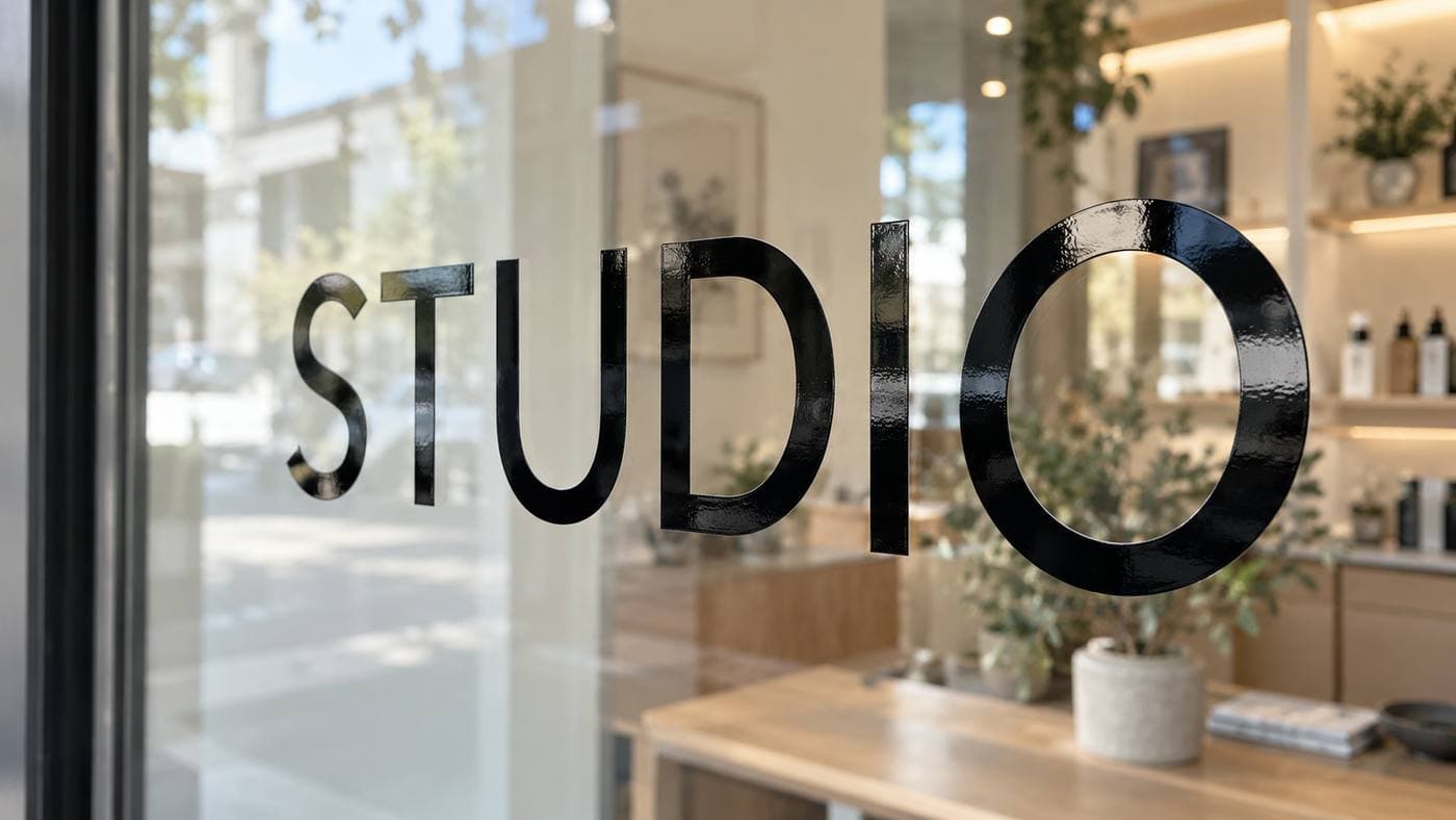 The word STUDIO in black gloss on a shop window. Example.