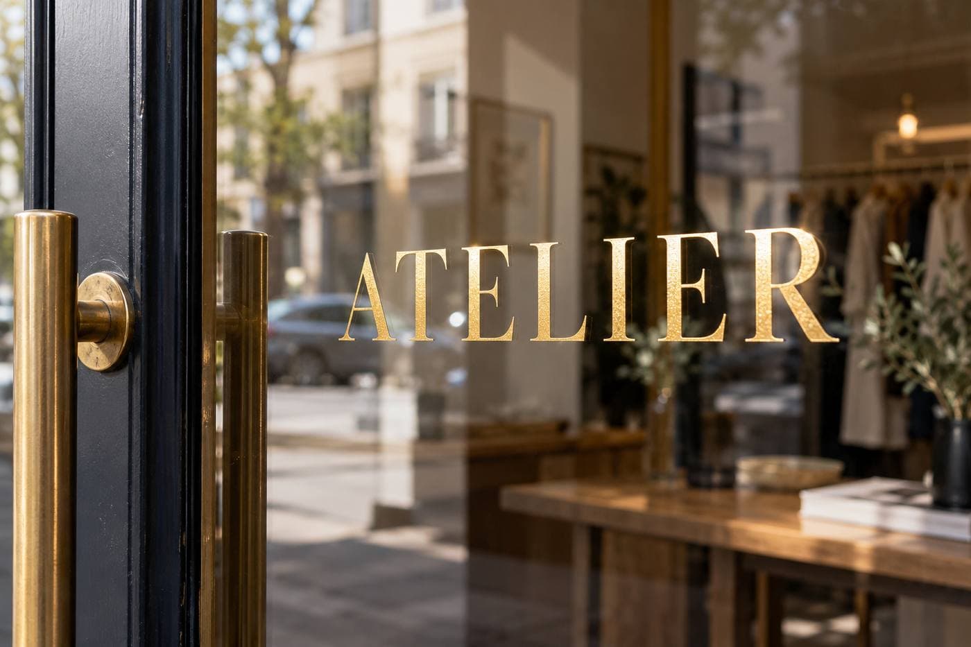 The word ATELIER in gold metallic vinyl on a shop window. Example. This is gold-coloured vinyl, not real gold leaf.
