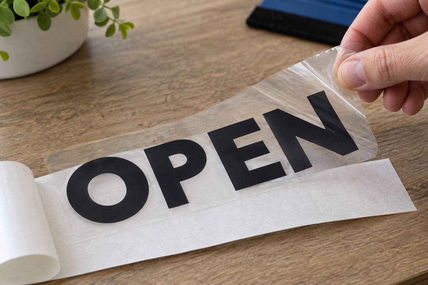 The word OPEN on a white backing sheet, with the clear application tape being peeled back. This is how the letters arrive.