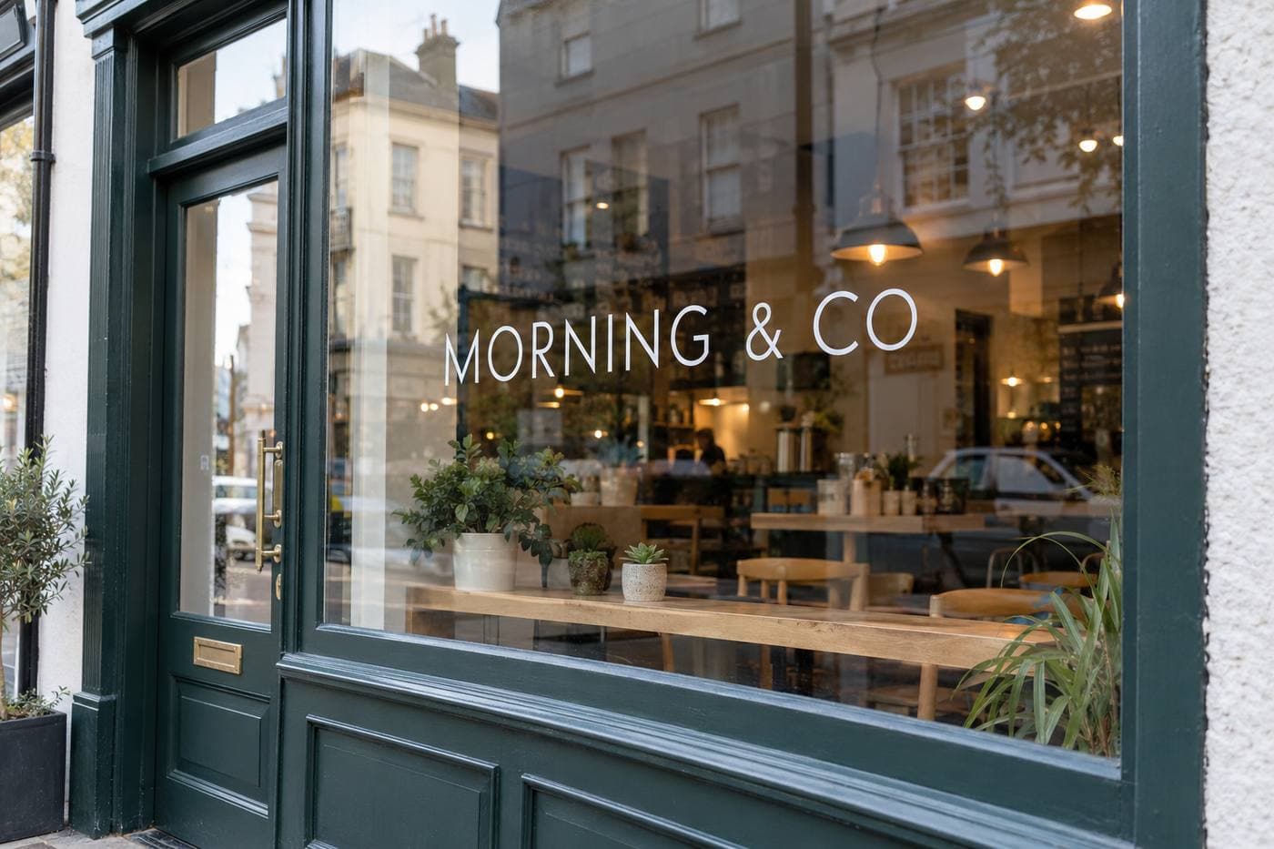 White shop name on a cafe window, read from the pavement. Example lettering.