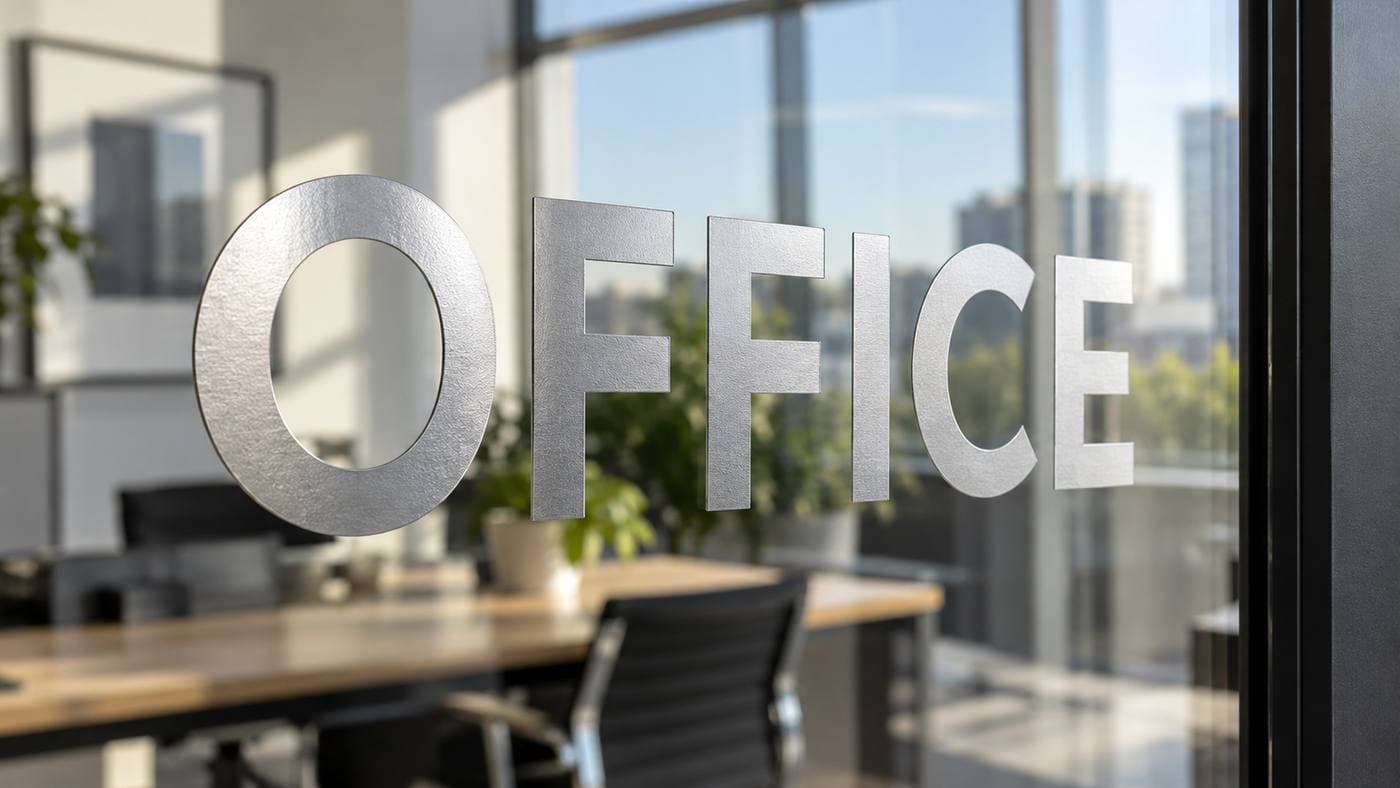 The word OFFICE in silver metallic vinyl on glass. Example.