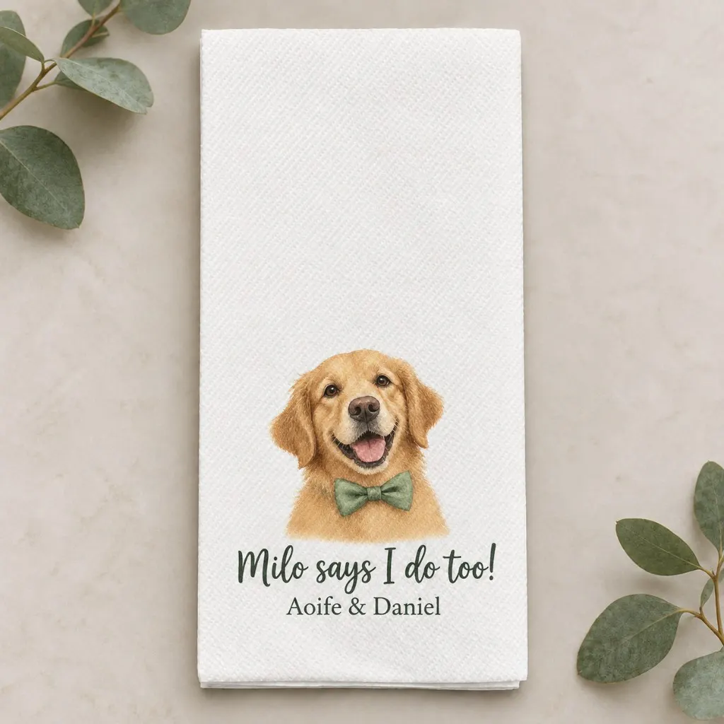 Wedding napkin printed with a golden retriever in a bow tie and the line Milo says I do too
