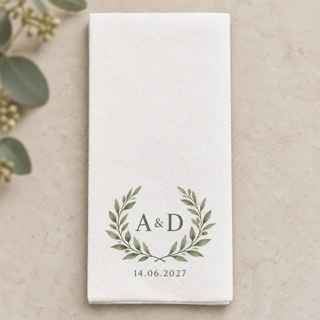 White airlaid 10 × 20 cm wedding napkin printed with a green laurel wreath, initials and wedding date