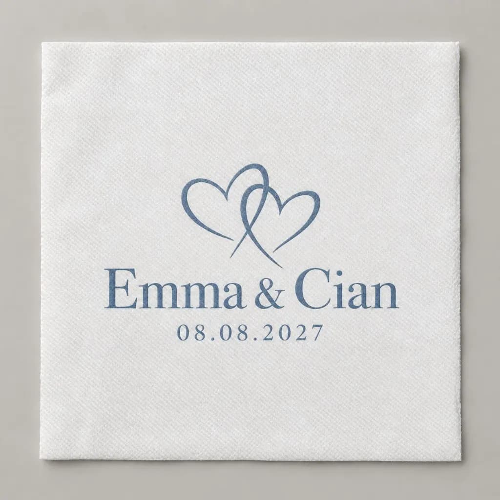Personalised wedding napkin, white airlaid 20 × 20 cm, printed in blue with two hearts, names and a date