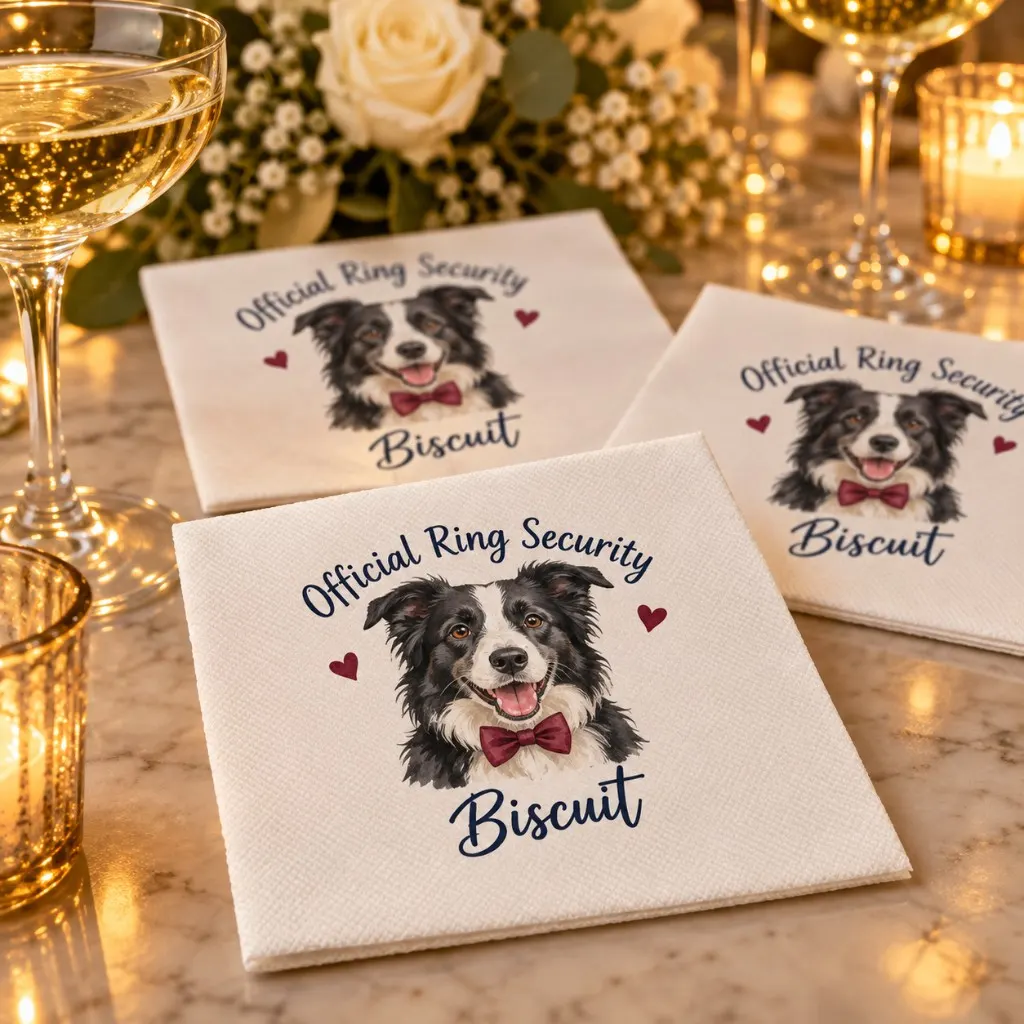 Wedding napkins printed with a border collie in a bow tie and the line Official Ring Security