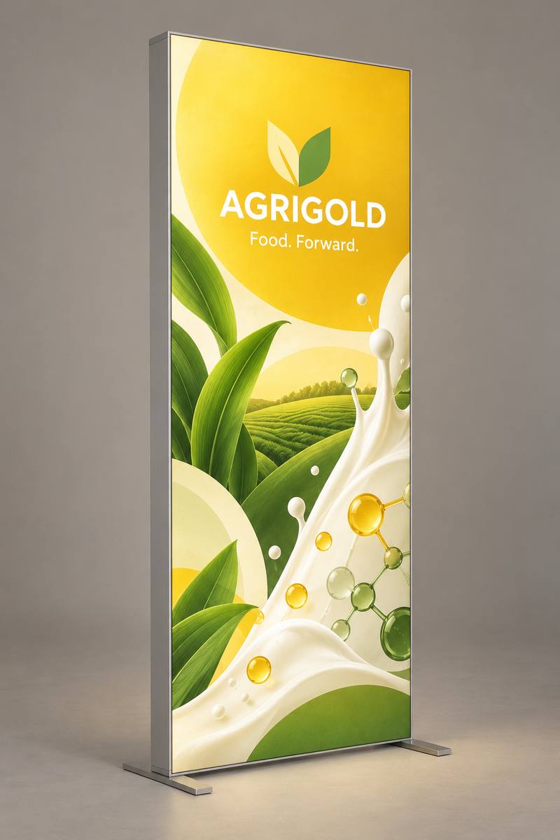 Freestanding LED frame, 80 × 200 cm, aluminium, flat feet. Example print.
