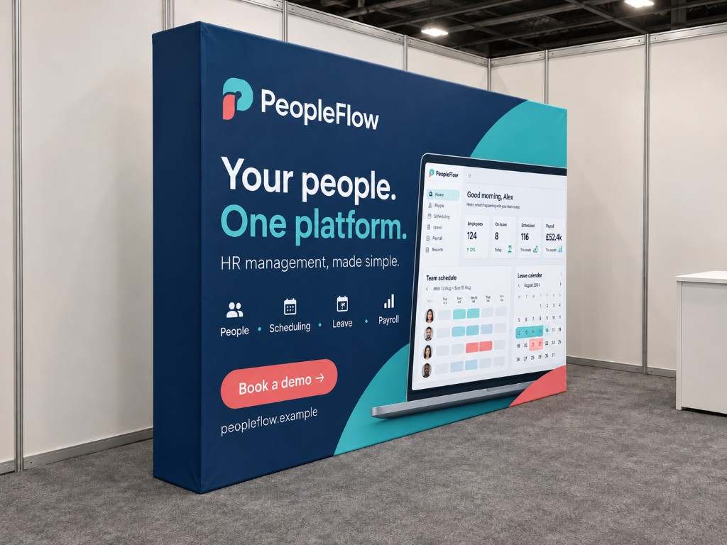 Straight pop-up display stand with a printed fabric graphic