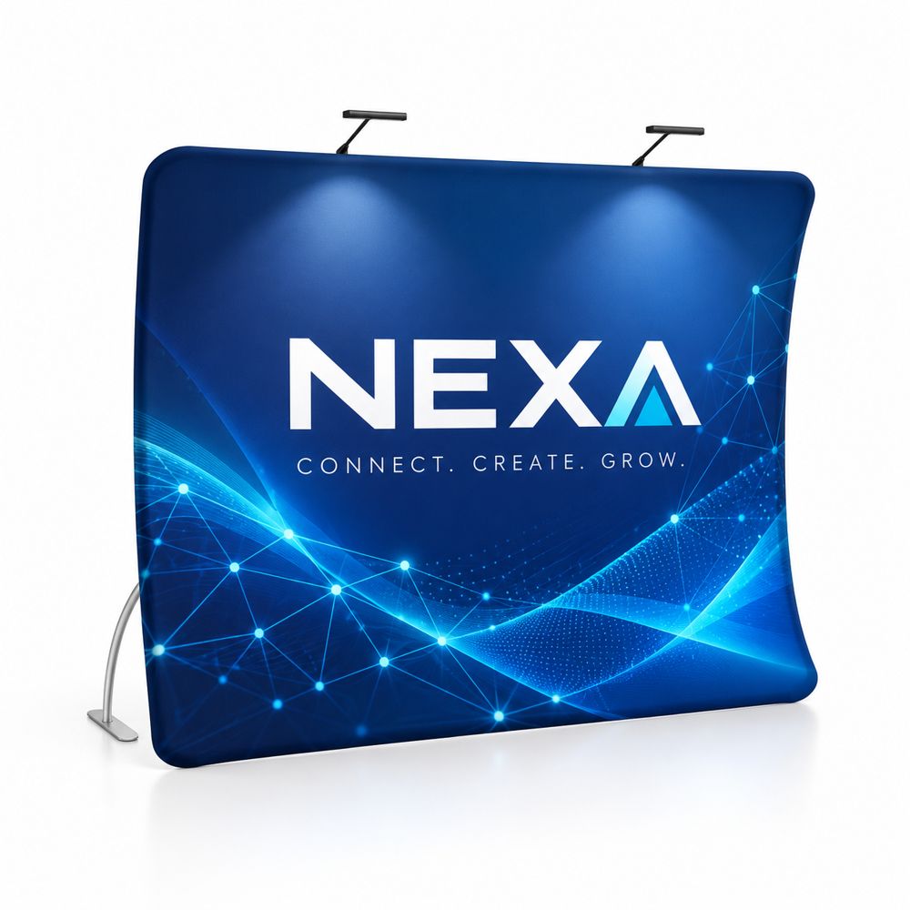 Wide curved fabric zipper wall on a foot, with a printed graphic