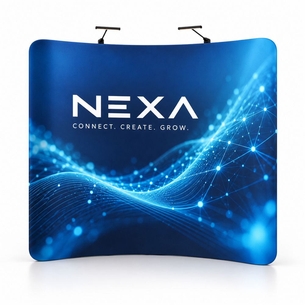 Curved fabric zipper wall with feet and a printed graphic