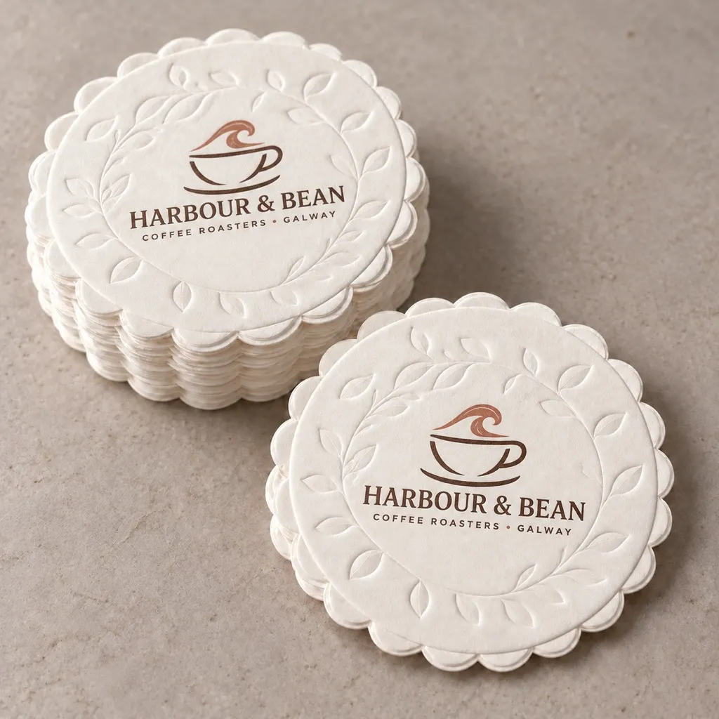 Round 8 ply coaster printed with the Harbour and Bean coffee roasters logo, Galway