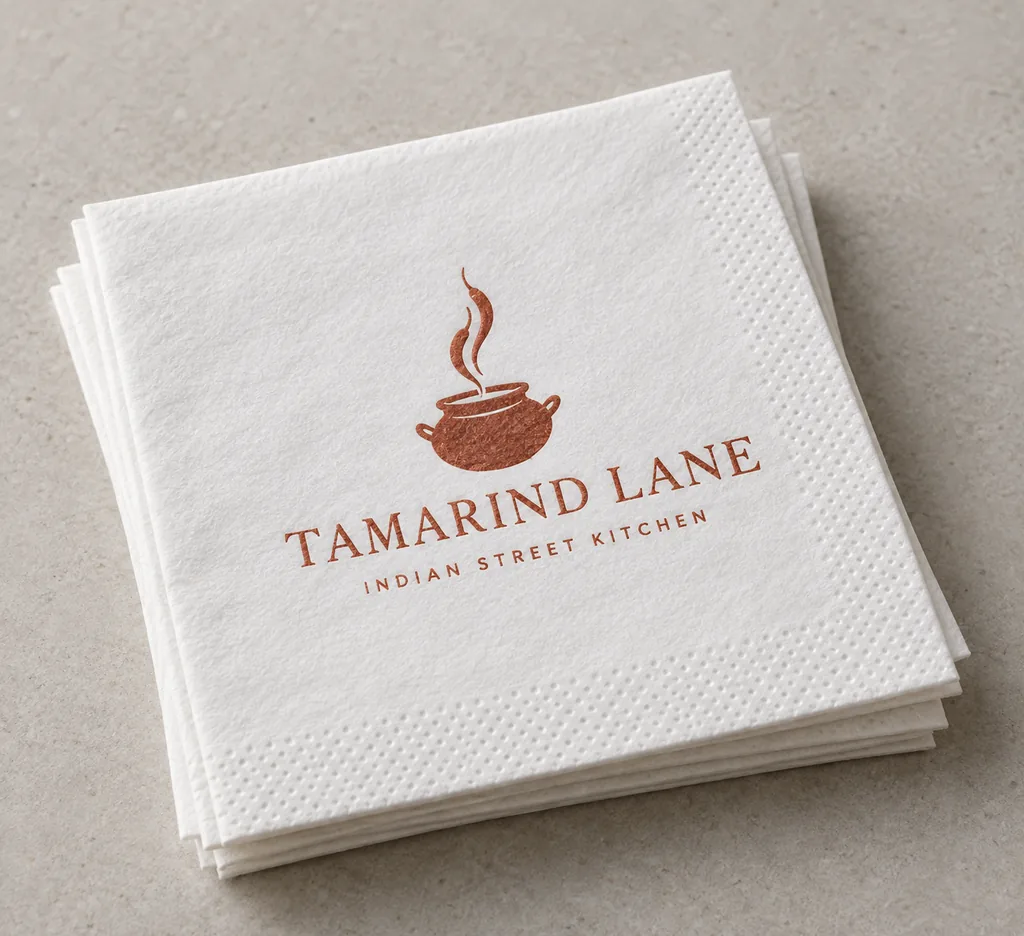 Custom printed cocktail napkin for Tamarind Lane Indian Street Kitchen, white napkin with a copper pot logo