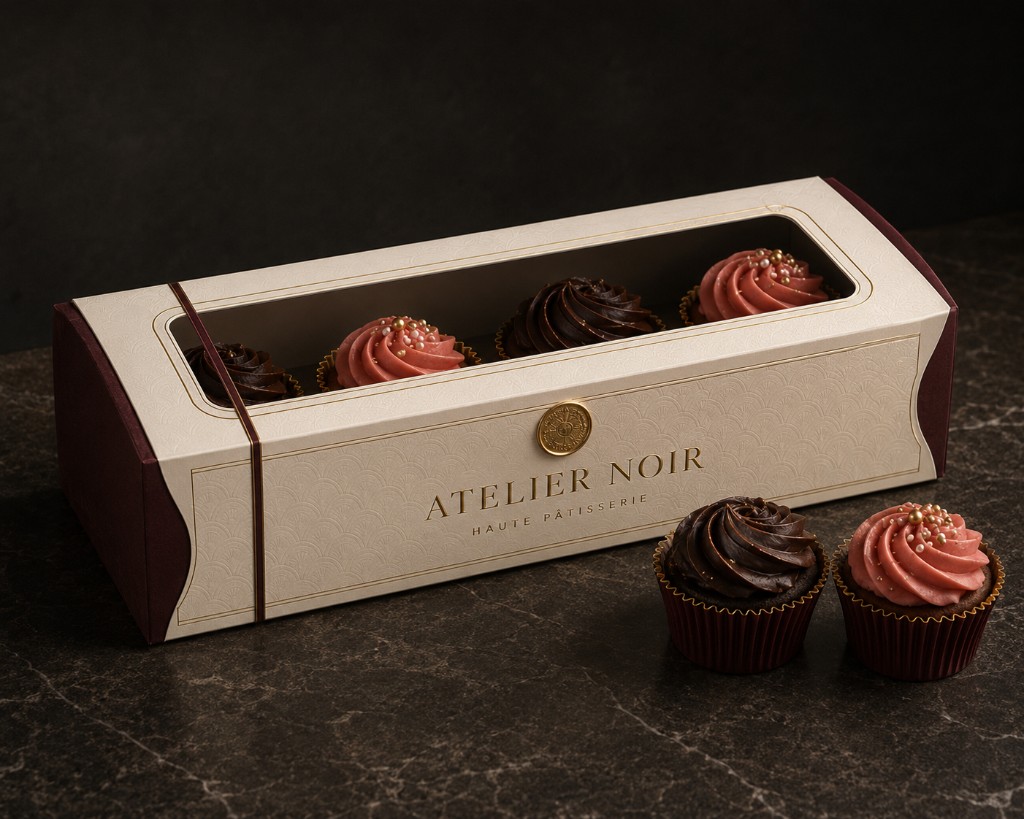 Custom printed cake boxes Ireland — burgundy patisserie cupcake box with gold foil branding and window panel