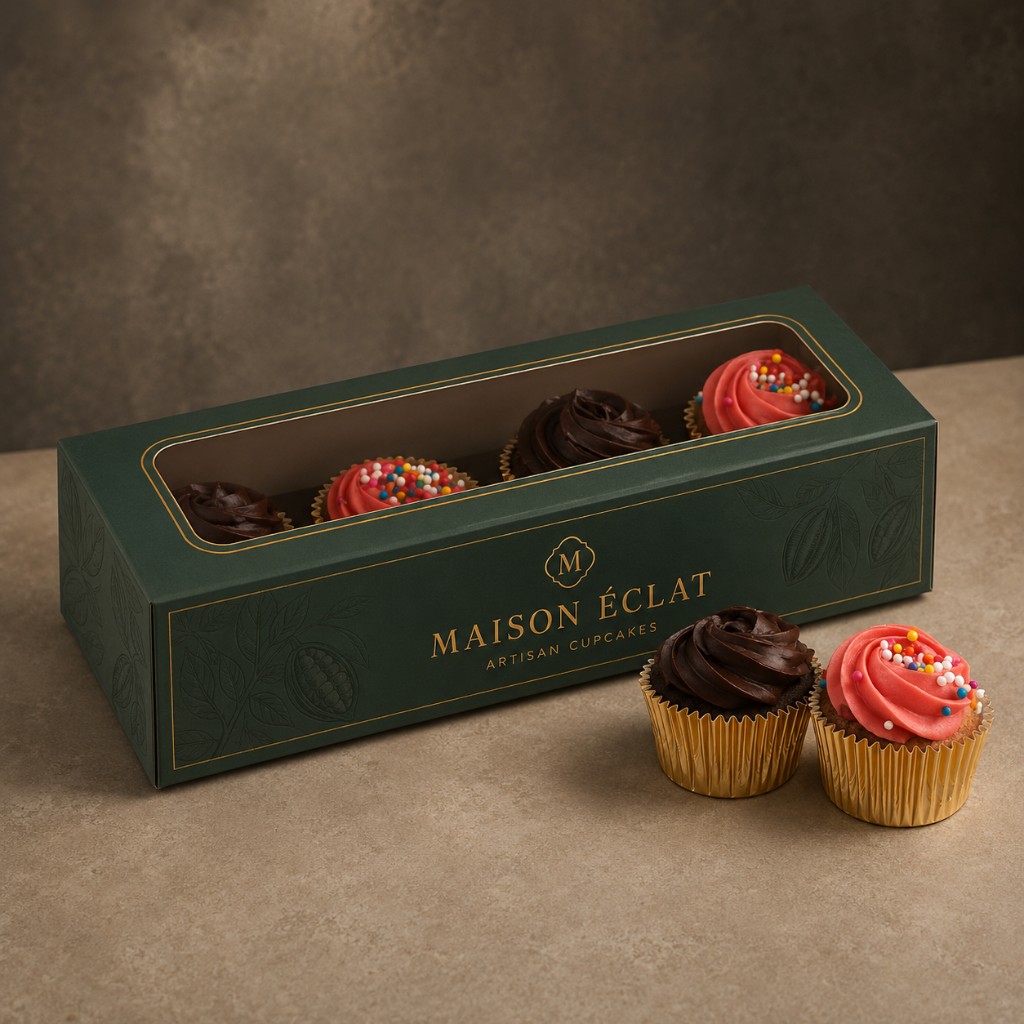 Premium cake packaging Ireland — forest green artisan cupcake box with gold foil logo and clear window