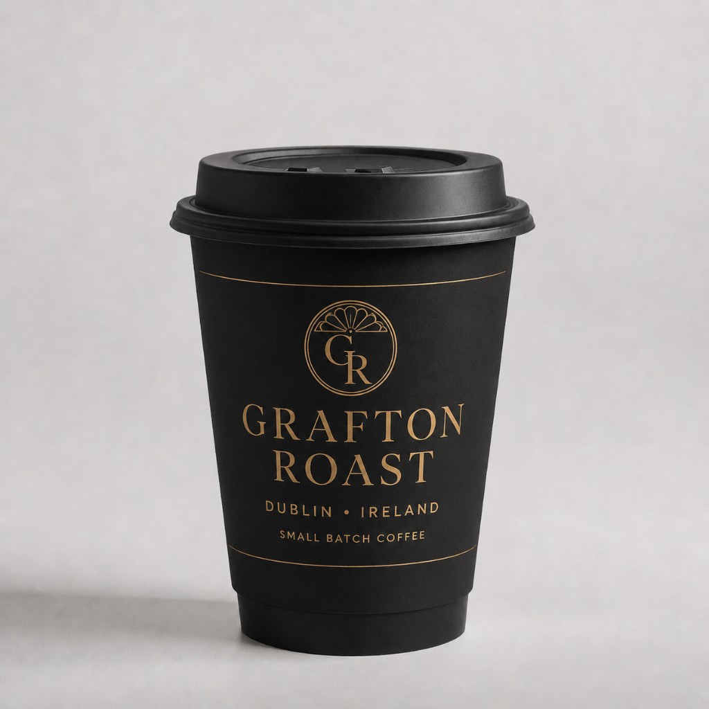 Branded coffee cups Dublin Ireland — custom printed matte black takeaway cup with gold logo
