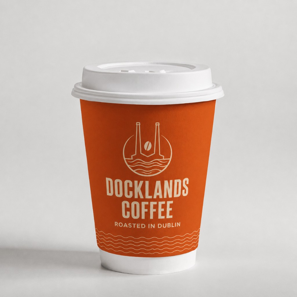 Custom printed coffee cups Dublin Ireland — orange branded takeaway cup with full-colour logo