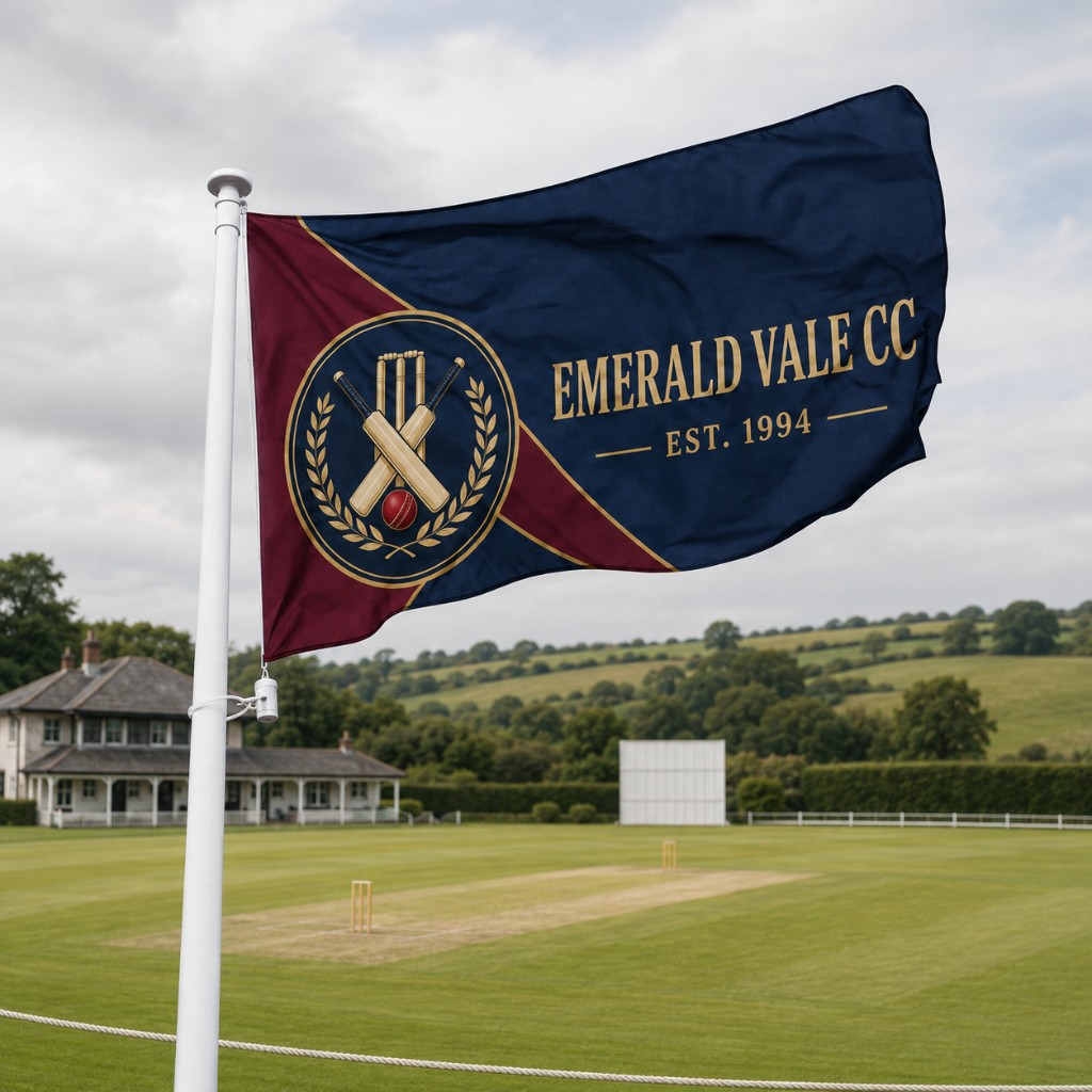 Custom printed cricket club flag Ireland — branded sports flag on a white flagpole