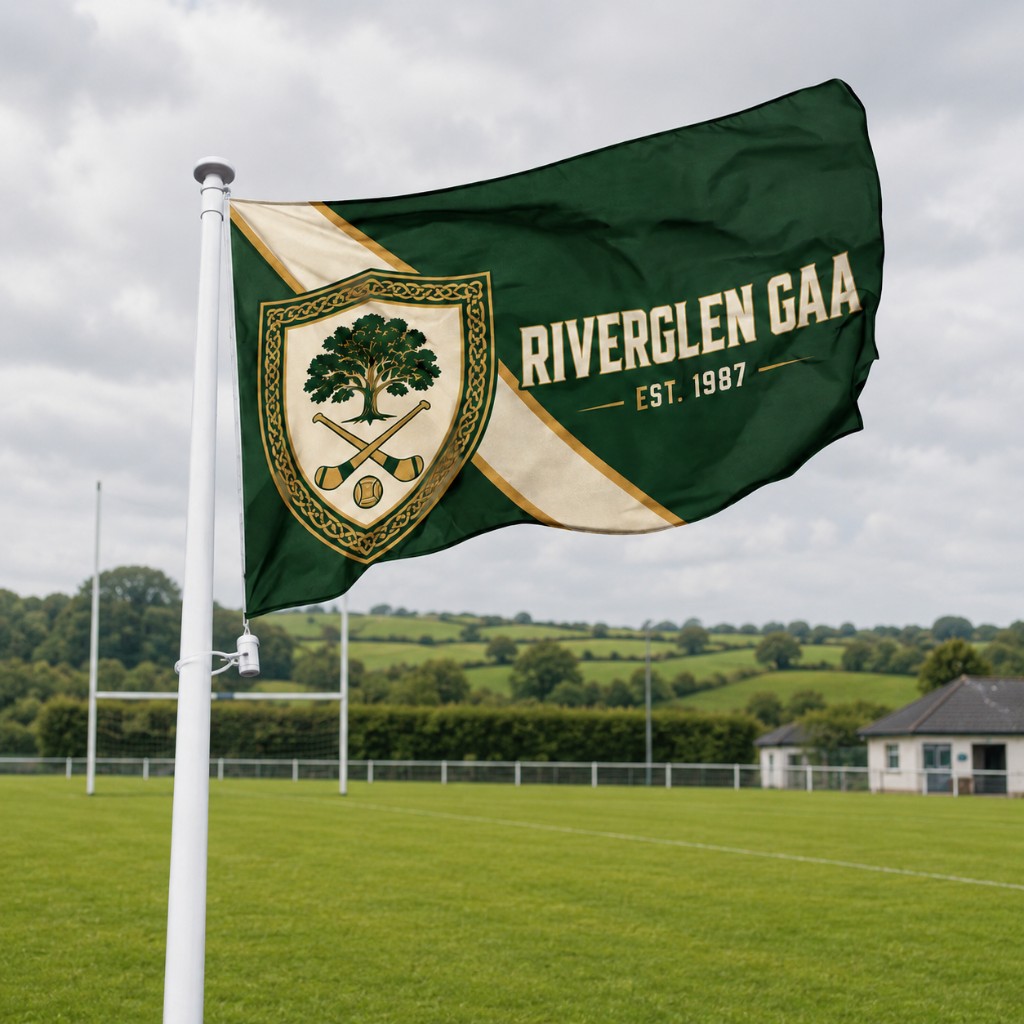 Custom printed GAA club flag Ireland — full-colour sublimation flag at a sports pitch