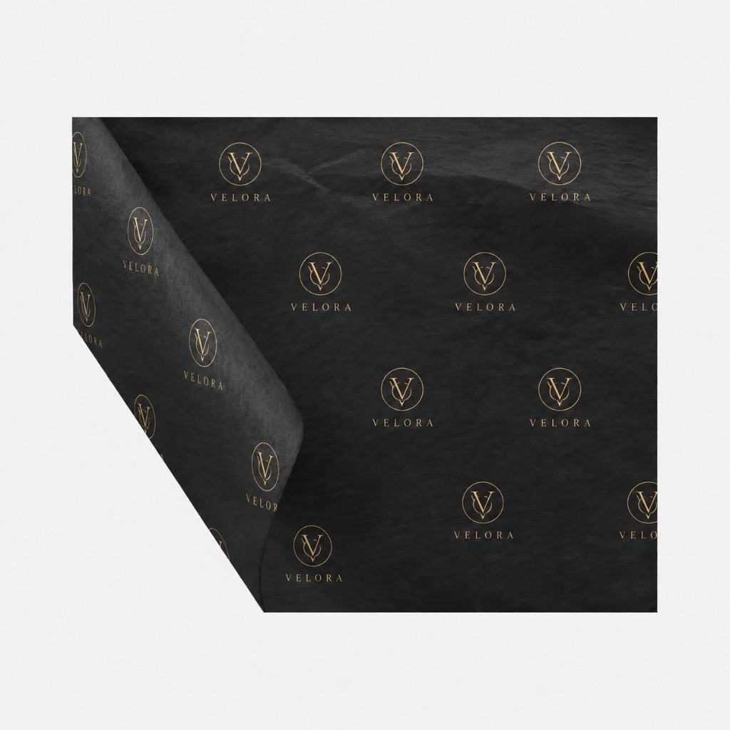 Luxury custom printed tissue paper Ireland — matte black tissue with repeating gold logo pattern