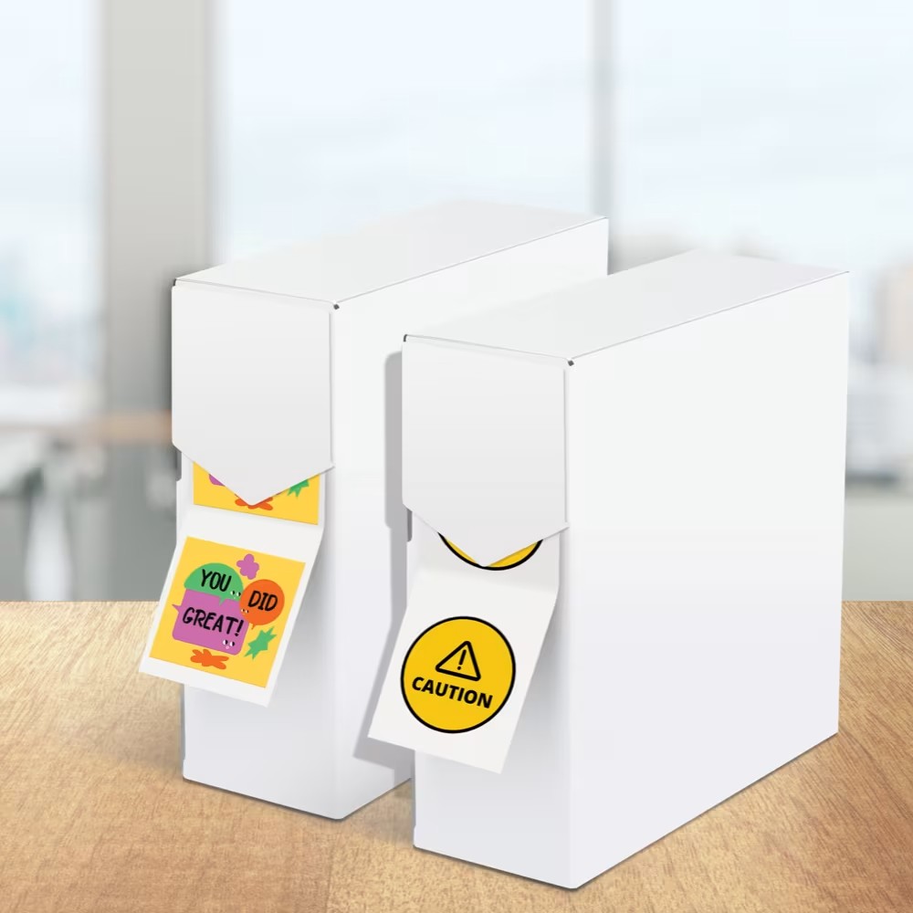 Labels on a roll Ireland with dispenser box — square and round printed roll labels for retail, promotions and caution stickers