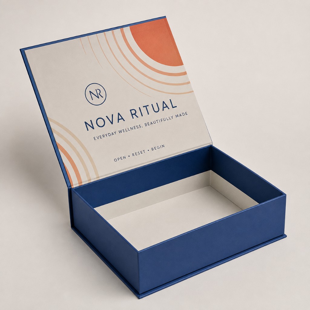 Custom printed magnetic closure box Ireland — navy blue luxury gift box with interior branding