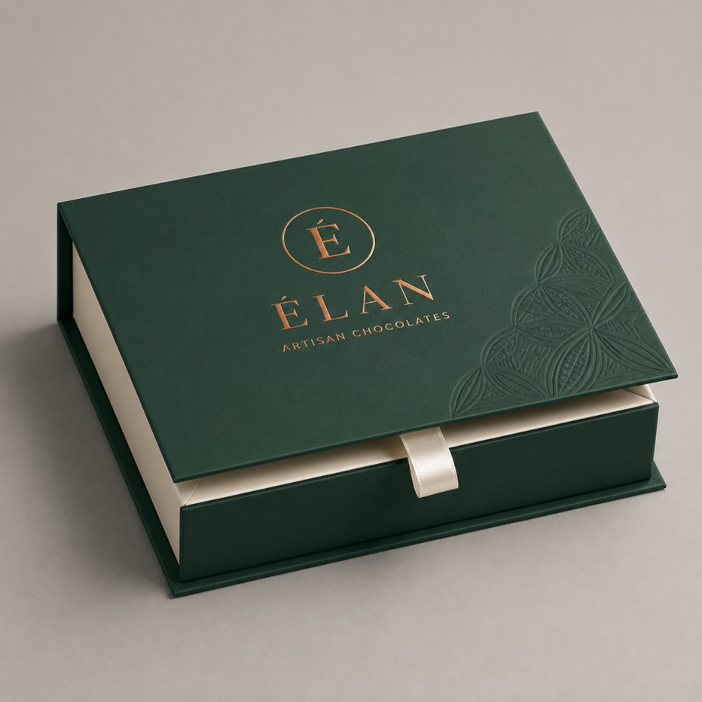 Luxury magnetic closure box Ireland — forest green rigid gift box with gold foil logo and embossing