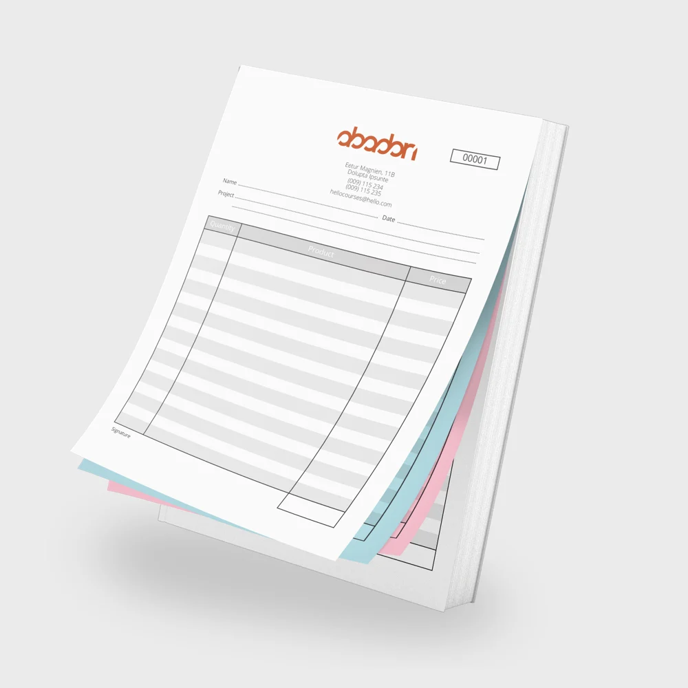 Printed triplicate NCR invoice book with white, blue and pink copy sheets
