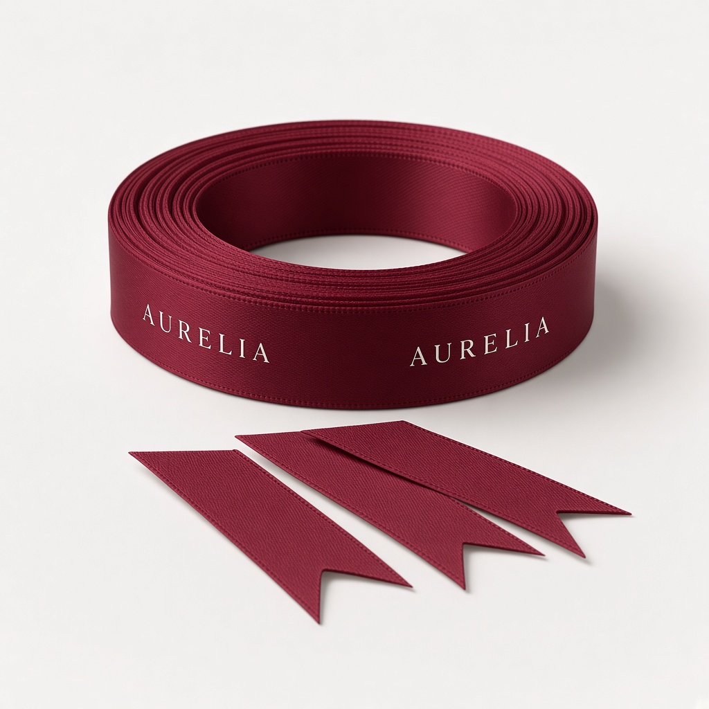 Burgundy satin ribbon on a roll, printed with a sample one-colour logo, and three cut pieces with a notched end.