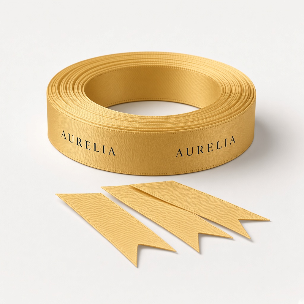 Gold satin ribbon on a roll, printed with a sample one-colour logo, and three cut pieces with a notched end.