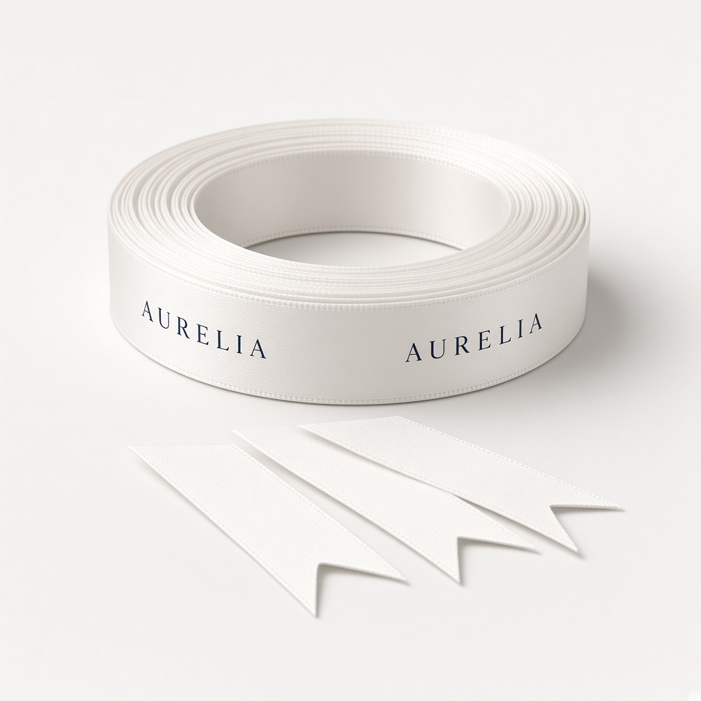 White satin ribbon on a roll, printed with a sample one-colour logo, and three cut pieces with a notched end.