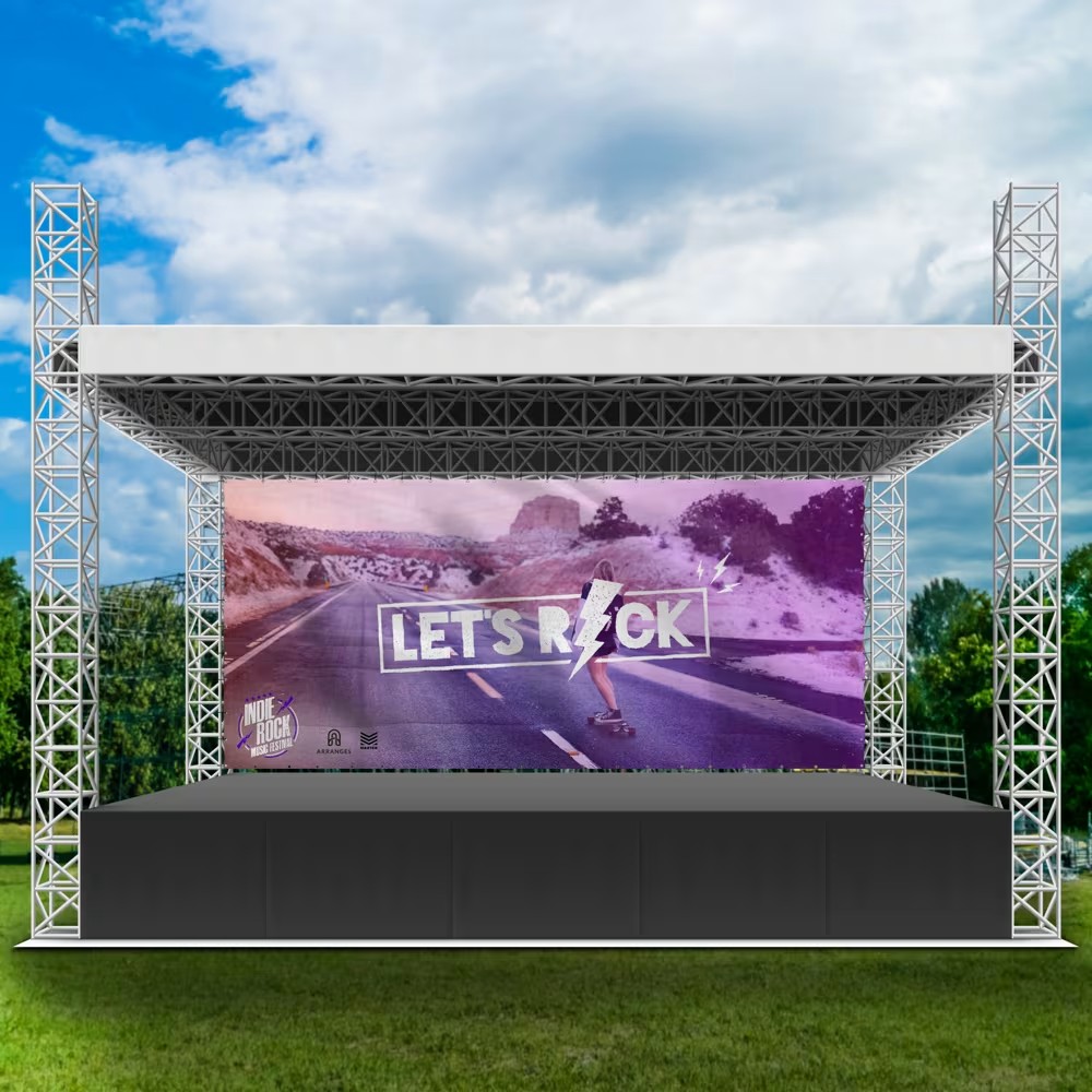 Large custom stage banner Ireland — oversized polyester backdrop on outdoor truss, 3m x 3m and bigger sizes