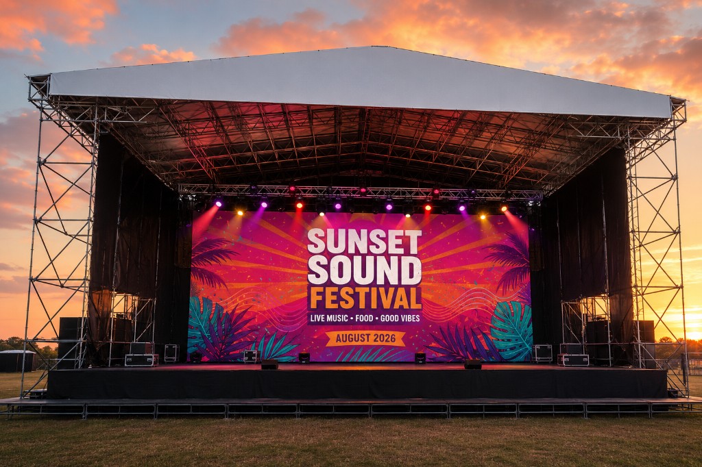 Sunset festival large banner Ireland — custom oversized stage backdrop printing Dublin and nationwide