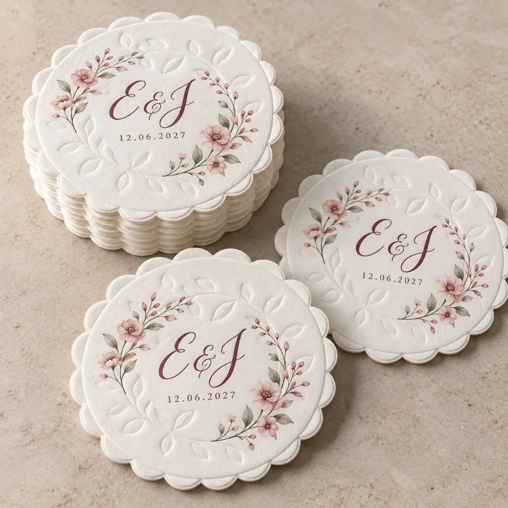 Round wedding coaster with blush florals and the initials E and J