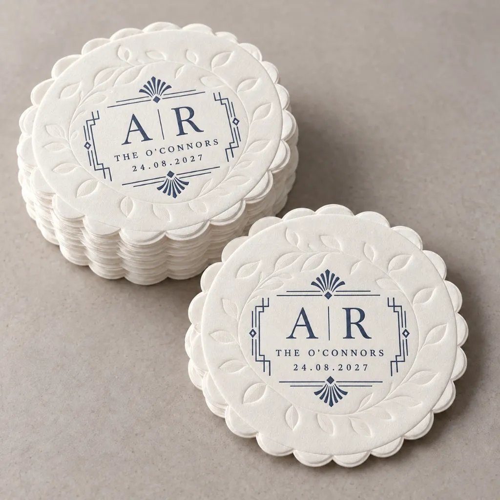 Round wedding coaster with a navy A R monogram for The O’Connors and the date 24 August 2027